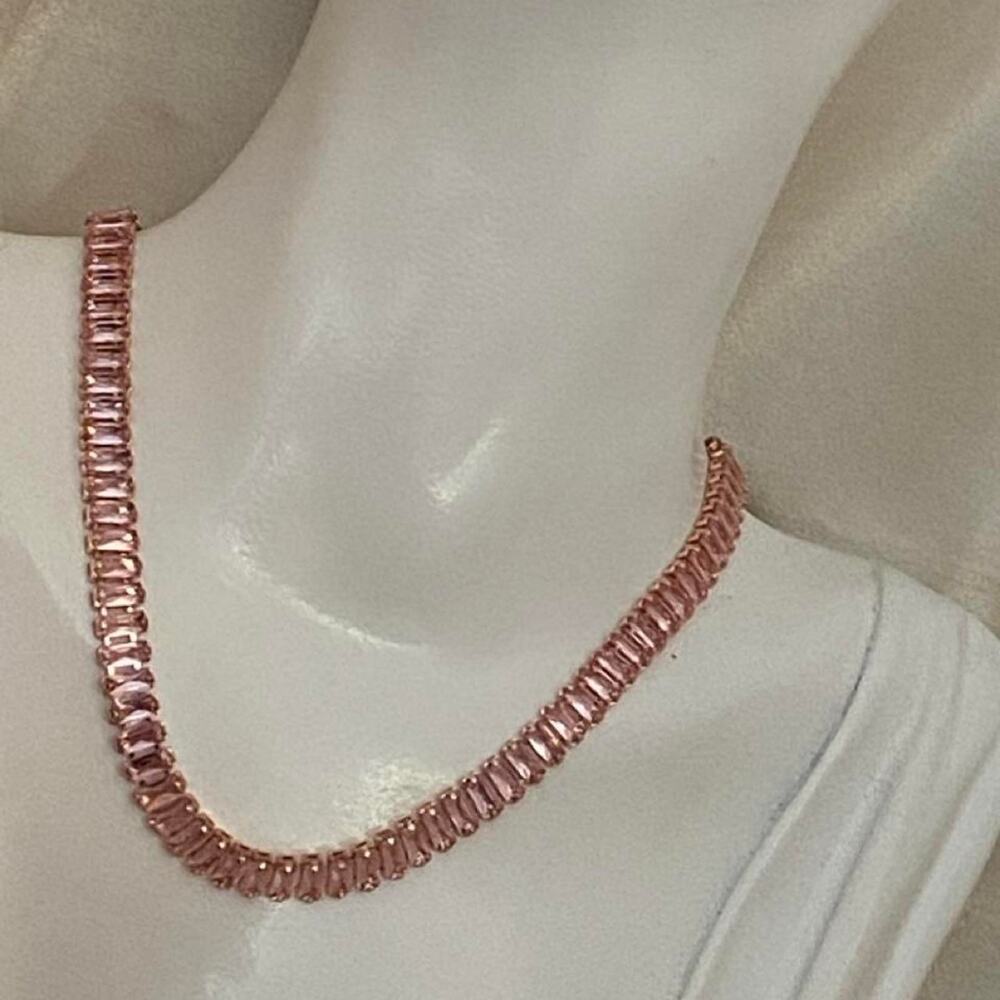 Vintage Y2K Style Pink Baguette Rhinestone Tennis Choker Necklace Rose Gold Tone